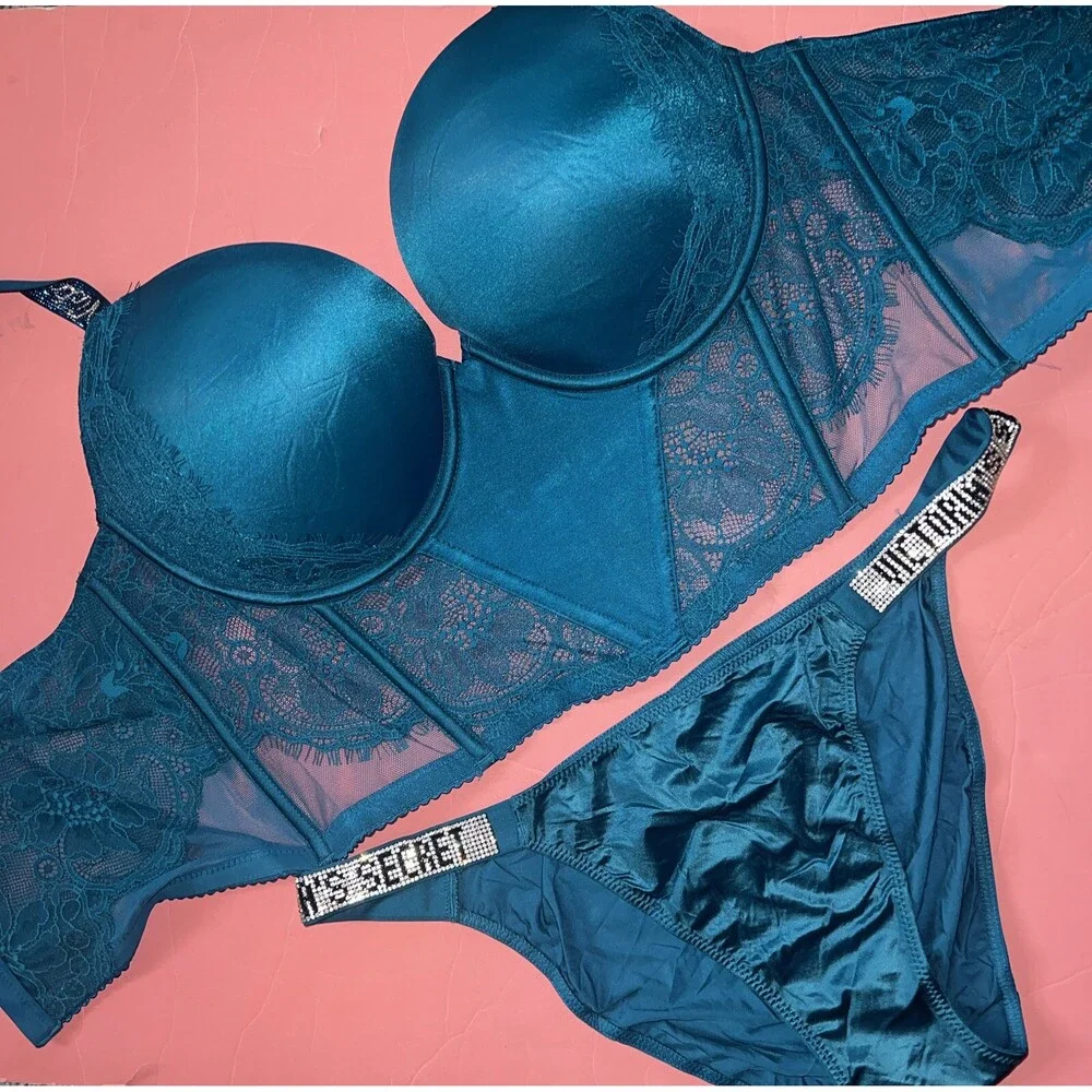 Victoria's Secret 34B,34DD,36C,36D,38DD CORSET TOP BRA SET BLUE TEAL SHINE STRAP